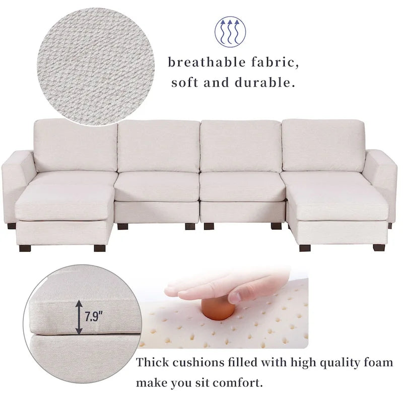 Divano componibile a U grigio/beige con 2 pouf rimovibili, 6 posti a sedere