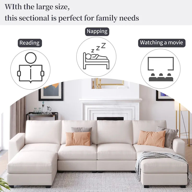 Divano componibile a U grigio/beige con 2 pouf rimovibili, 6 posti a sedere