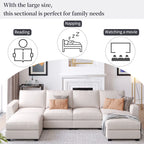 Divano componibile a U grigio/beige con 2 pouf rimovibili, 6 posti a sedere