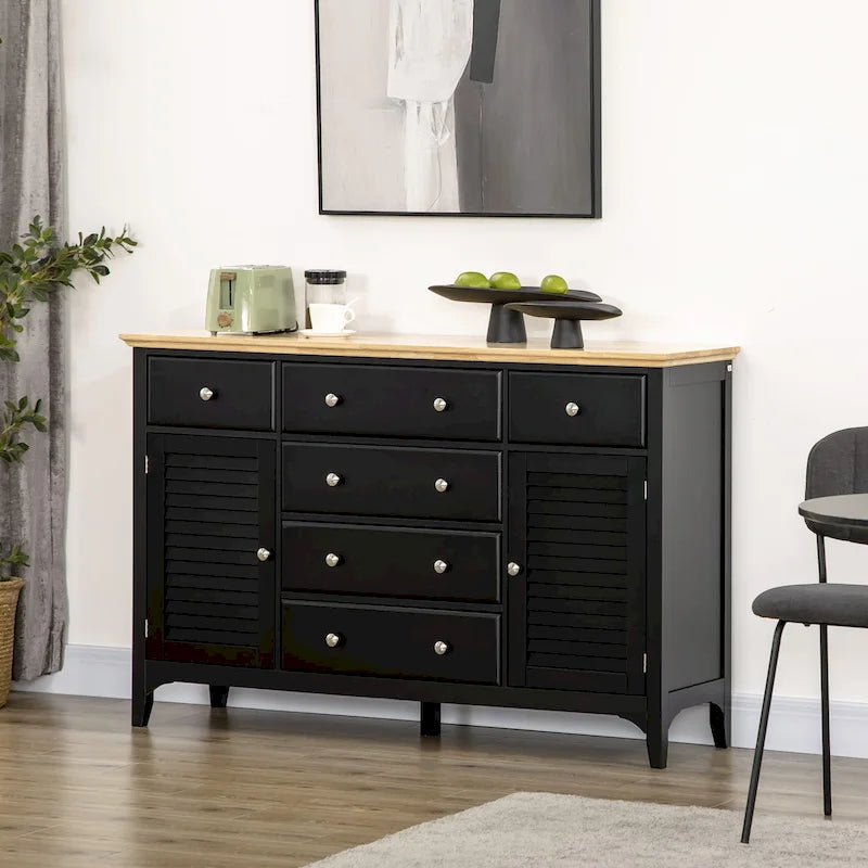 Credenza bianca con 6 cassetti e 2 armadietti, anta con persiana, ripiani regolabili
