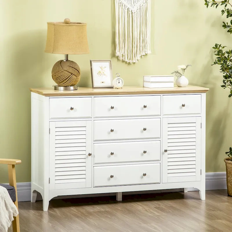 Credenza bianca con 6 cassetti e 2 armadietti, anta con persiana, ripiani regolabili