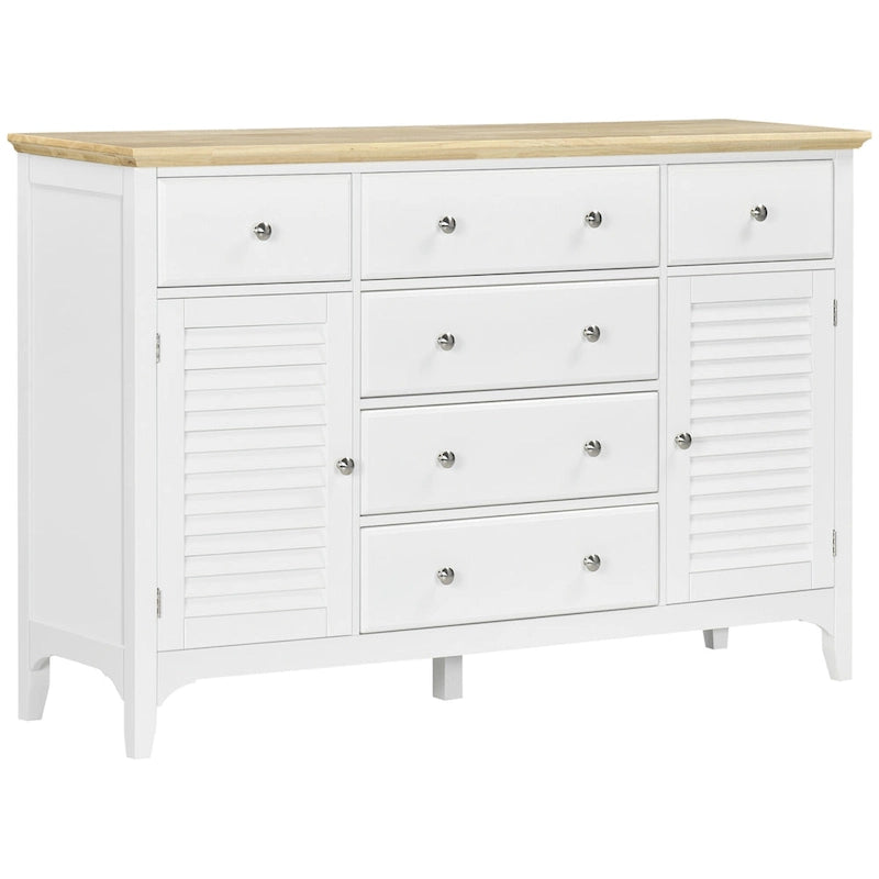 Credenza bianca con 6 cassetti e 2 armadietti, anta con persiana, ripiani regolabili