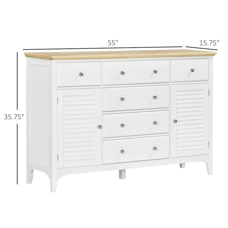 Credenza bianca con 6 cassetti e 2 armadietti, anta con persiana, ripiani regolabili