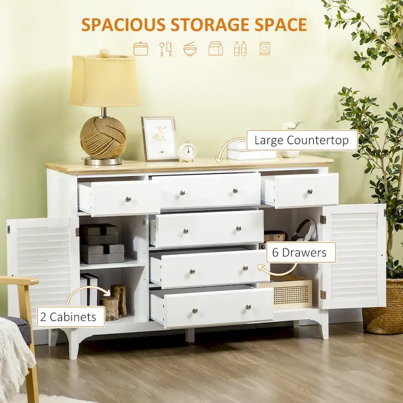 Credenza bianca con 6 cassetti e 2 armadietti, anta con persiana, ripiani regolabili