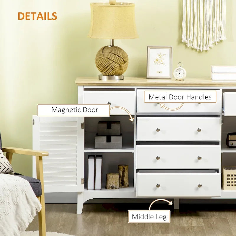 Credenza bianca con 6 cassetti e 2 armadietti, anta con persiana, ripiani regolabili