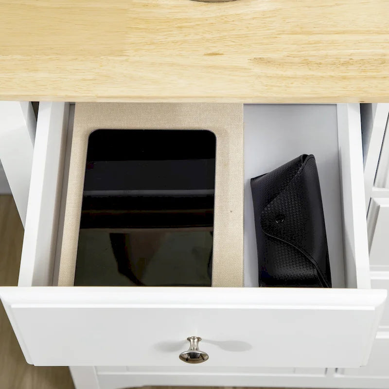 Credenza bianca con 6 cassetti e 2 armadietti, anta con persiana, ripiani regolabili