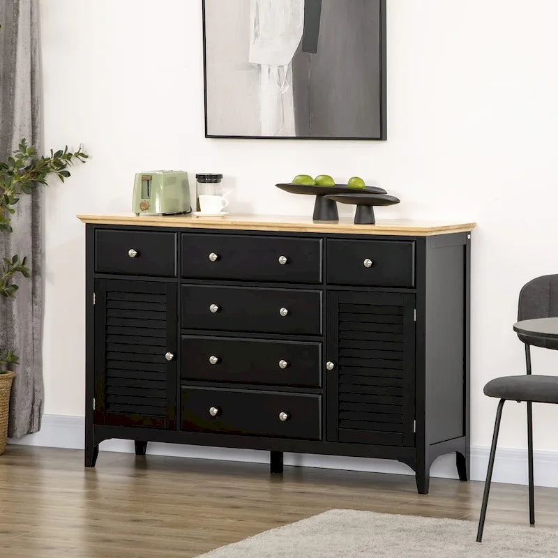 Credenza bianca con 6 cassetti e 2 armadietti, anta con persiana, ripiani regolabili