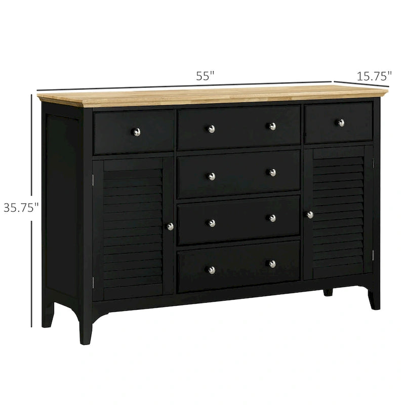 Credenza bianca con 6 cassetti e 2 armadietti, anta con persiana, ripiani regolabili