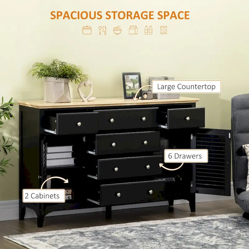 Credenza bianca con 6 cassetti e 2 armadietti, anta con persiana, ripiani regolabili
