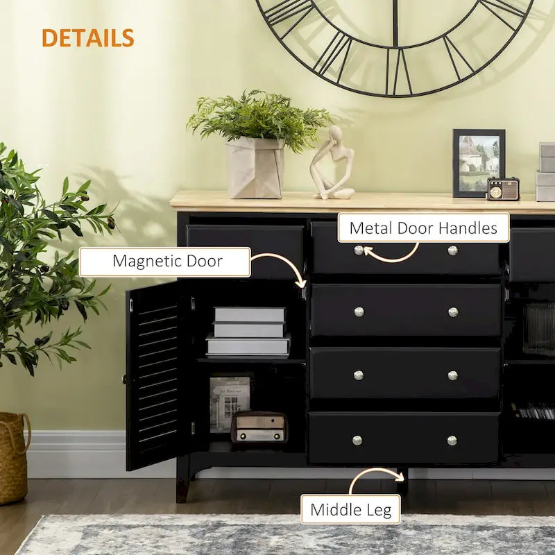 Credenza bianca con 6 cassetti e 2 armadietti, anta con persiana, ripiani regolabili