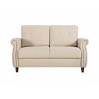 Divanetto a 2 posti con braccioli arrotolati e finiture borchiate, Beige/Blu/Cammello/Grigio