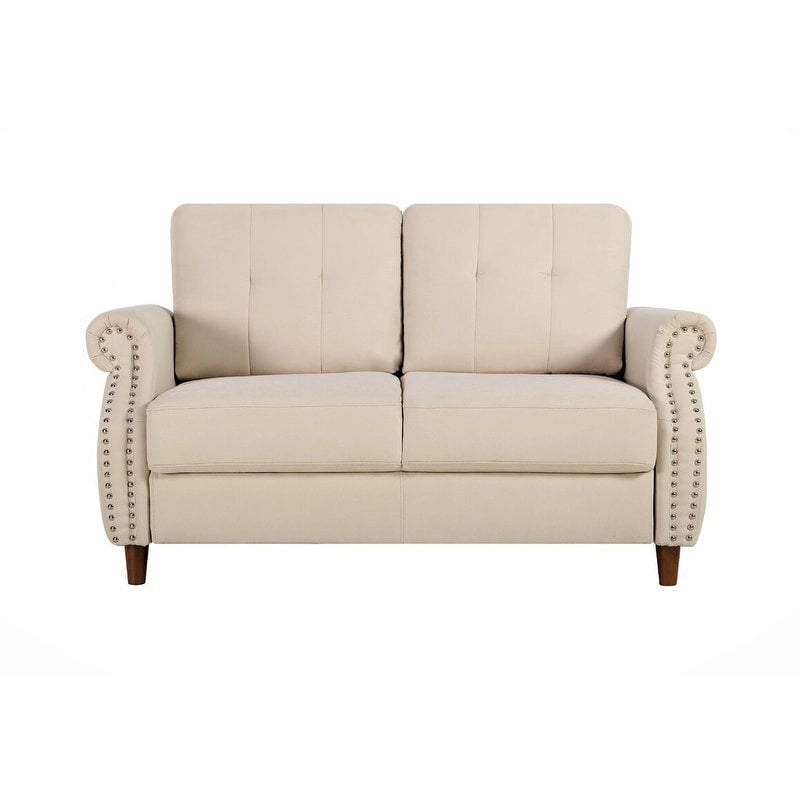 Divanetto a 2 posti con braccioli arrotolati e finiture borchiate, Beige/Blu/Cammello/Grigio