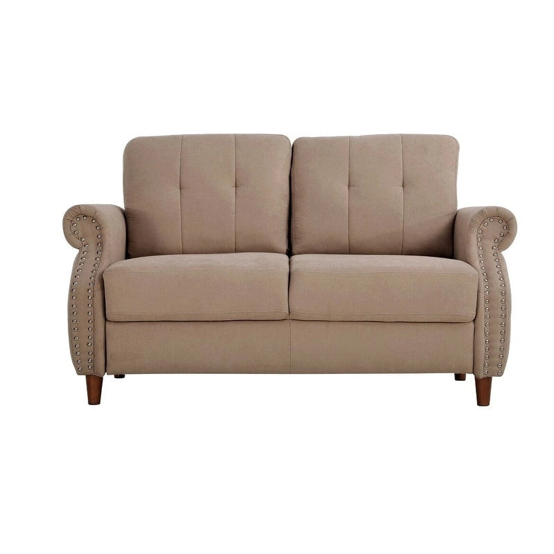 Divanetto a 2 posti con braccioli arrotolati e finiture borchiate, Beige/Blu/Cammello/Grigio