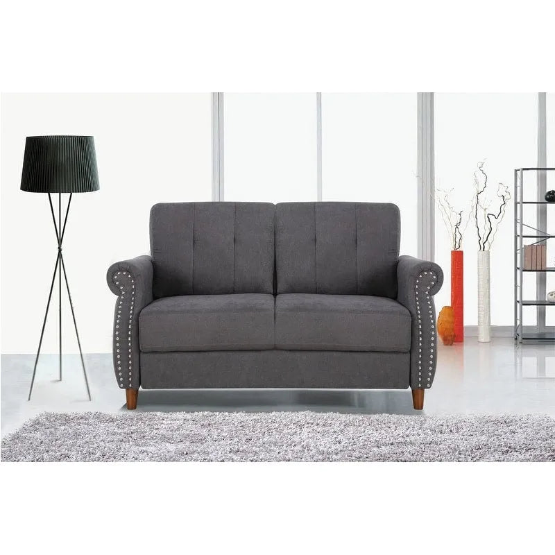 Divanetto a 2 posti con braccioli arrotolati e finiture borchiate, Beige/Blu/Cammello/Grigio