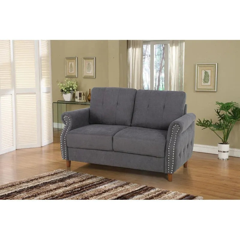 Divanetto a 2 posti con braccioli arrotolati e finiture borchiate, Beige/Blu/Cammello/Grigio