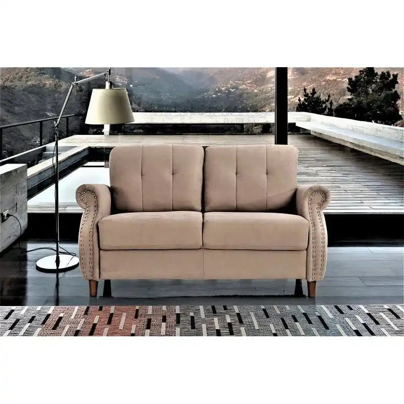 Divanetto a 2 posti con braccioli arrotolati e finiture borchiate, Beige/Blu/Cammello/Grigio