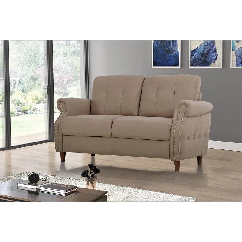Divanetto a 2 posti con braccioli arrotolati e finiture borchiate, Beige/Blu/Cammello/Grigio