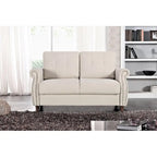 Divanetto a 2 posti con braccioli arrotolati e finiture borchiate, Beige/Blu/Cammello/Grigio