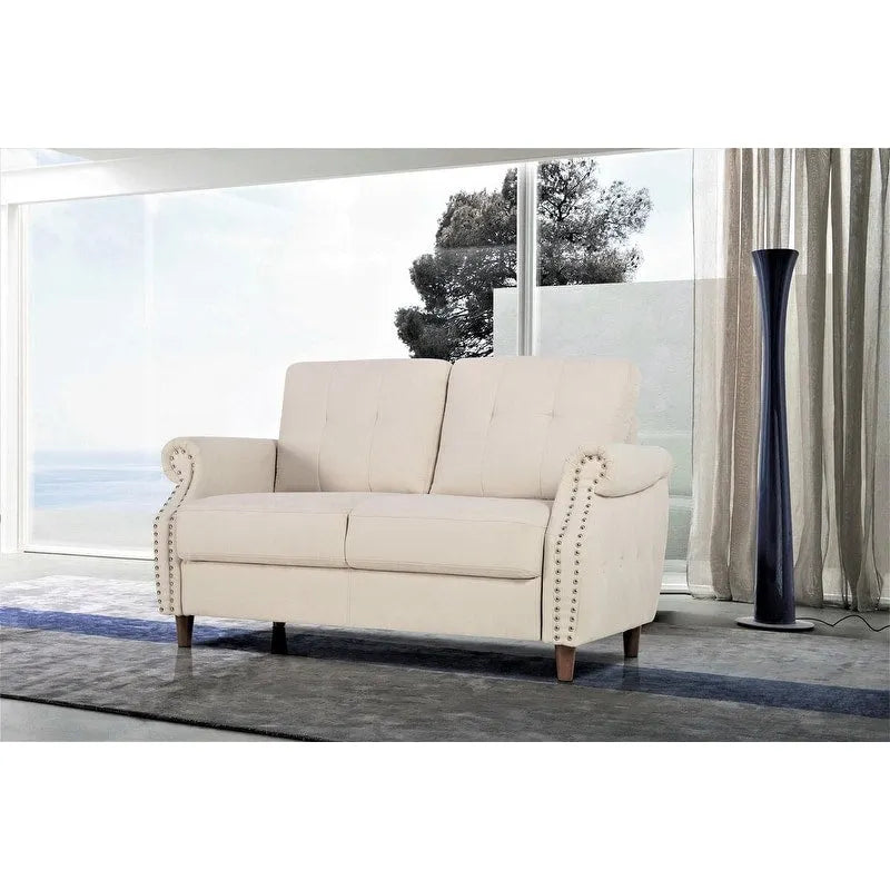 Divanetto a 2 posti con braccioli arrotolati e finiture borchiate, Beige/Blu/Cammello/Grigio