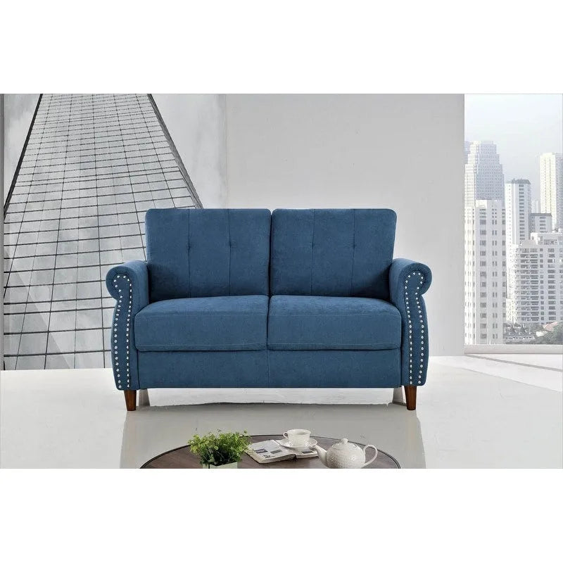 Divanetto a 2 posti con braccioli arrotolati e finiture borchiate, Beige/Blu/Cammello/Grigio