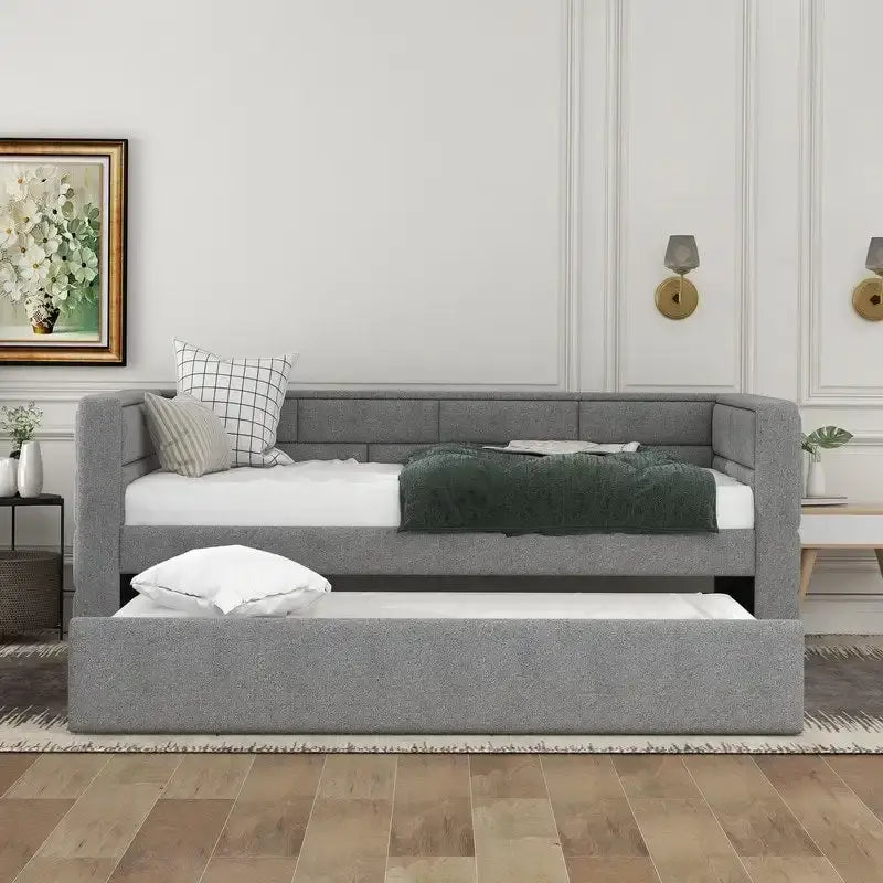 Divano Letto Singolo Imbottito Grigio con Letto Estraibile, 2 Posti