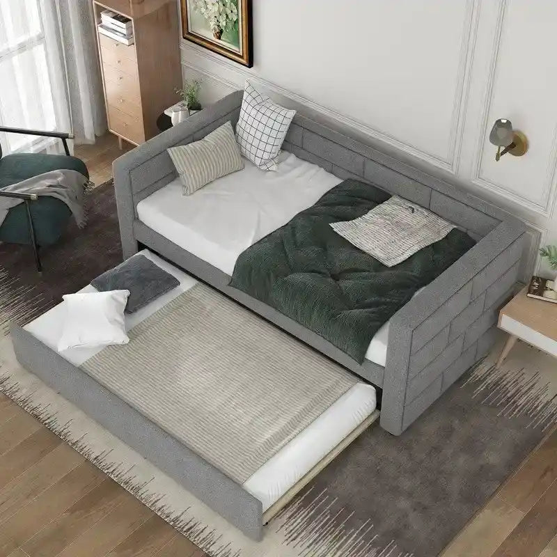 Divano Letto Singolo Imbottito Grigio con Letto Estraibile, 2 Posti