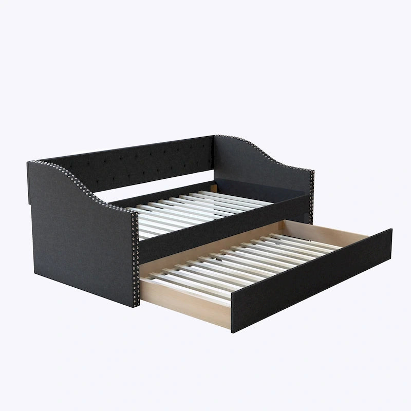 Divano letto singolo in lino grigio / beige / antracite con letto estraibile, 2 posti letto