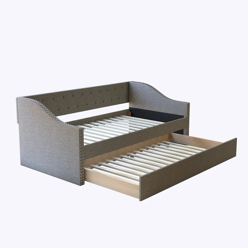Divano letto singolo in lino grigio / beige / antracite con letto estraibile, 2 posti letto
