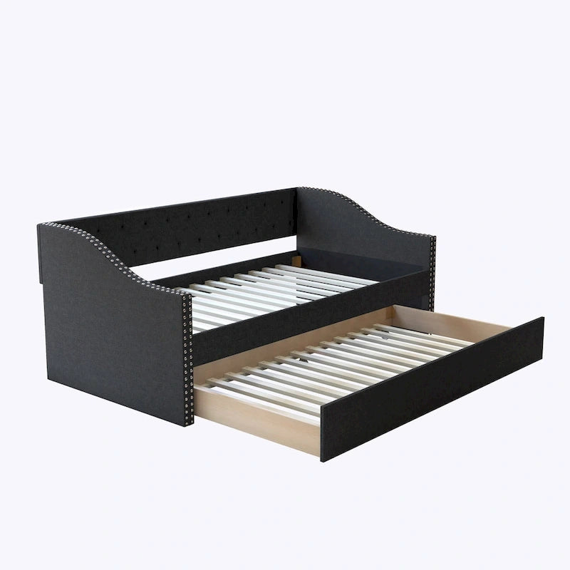 Divano letto singolo in lino grigio / beige / antracite con letto estraibile, 2 posti letto