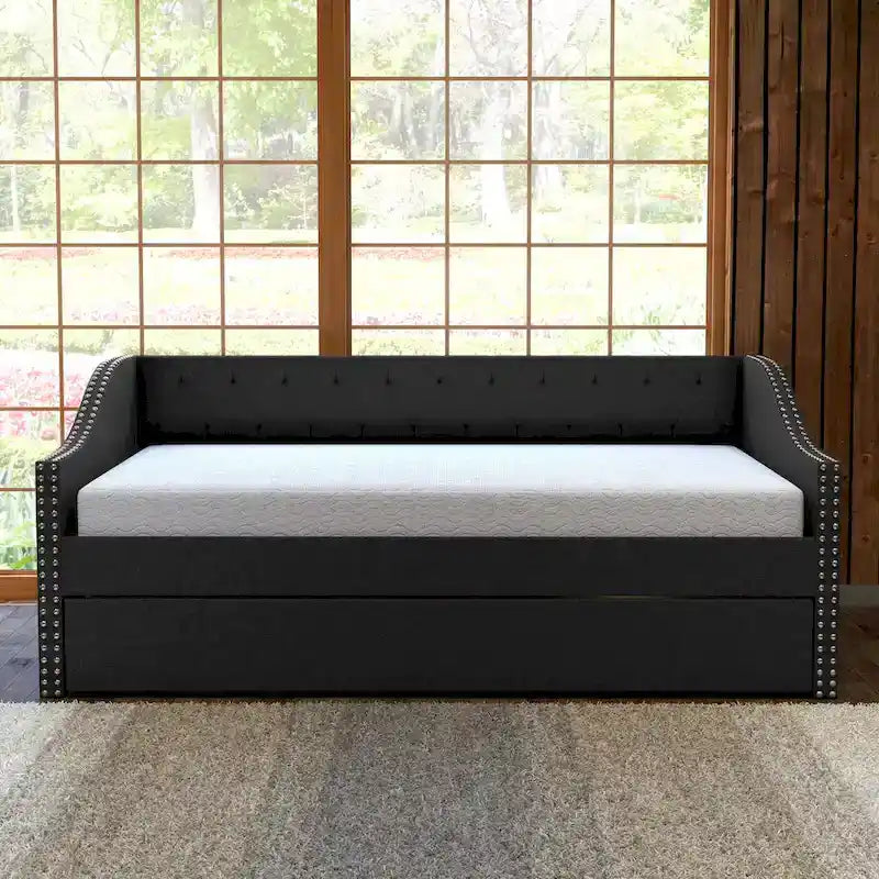 Divano letto singolo in lino grigio / beige / antracite con letto estraibile, 2 posti letto