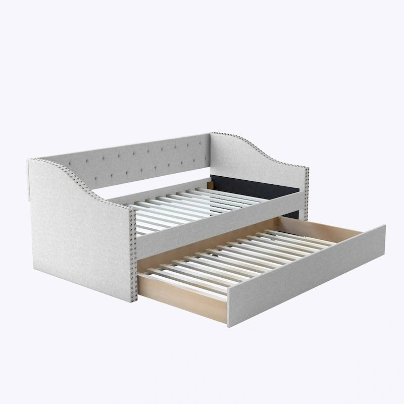 Divano letto singolo in lino grigio / beige / antracite con letto estraibile, 2 posti letto