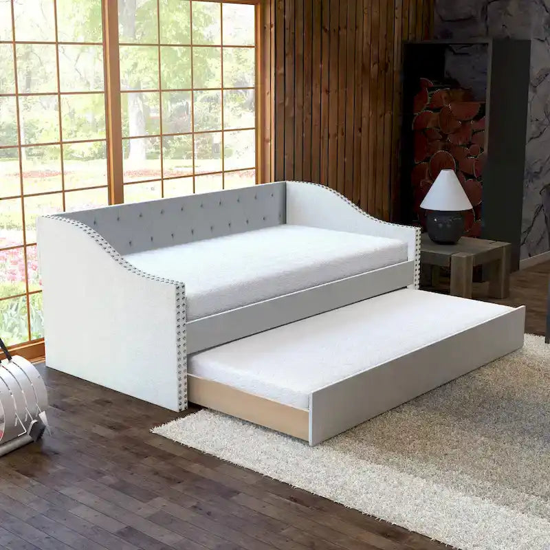 Divano letto singolo in lino grigio / beige / antracite con letto estraibile, 2 posti letto