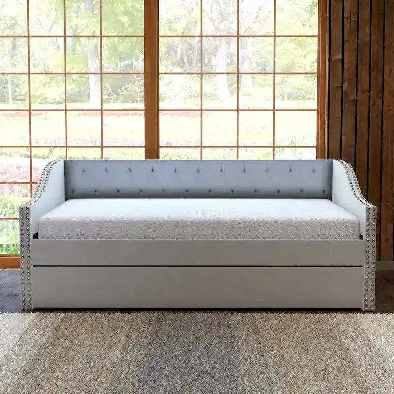 Divano letto singolo in lino grigio / beige / antracite con letto estraibile, 2 posti letto
