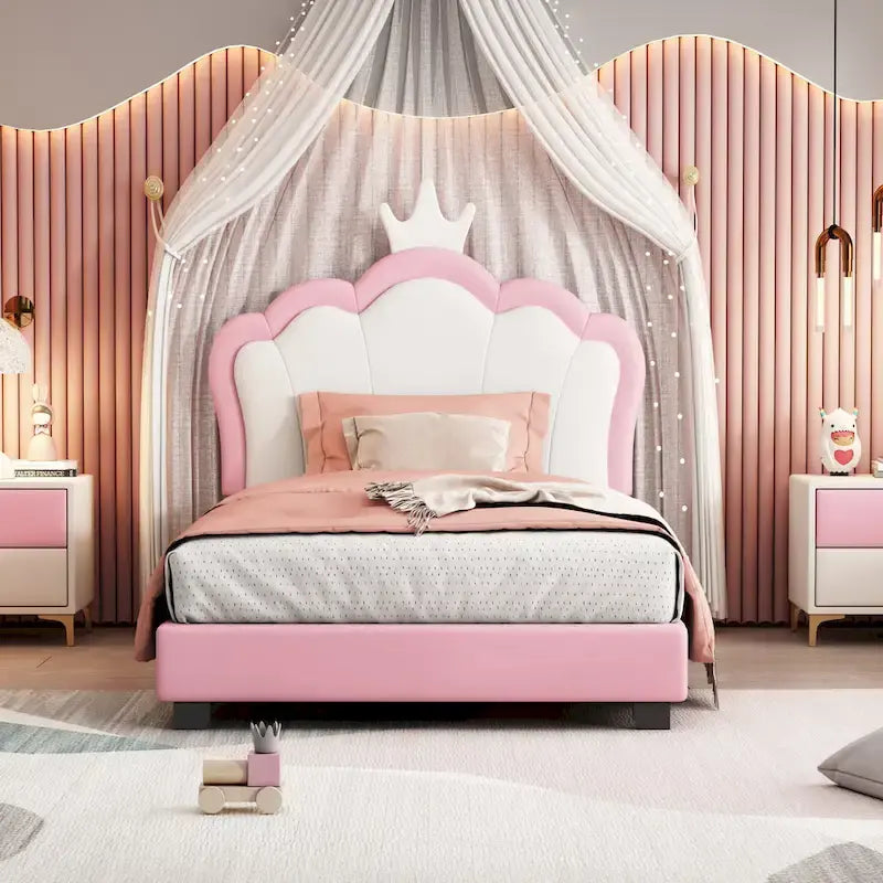 Letto a piattaforma con testiera a corona rosa, 1 persona (singolo/matrimoniale)