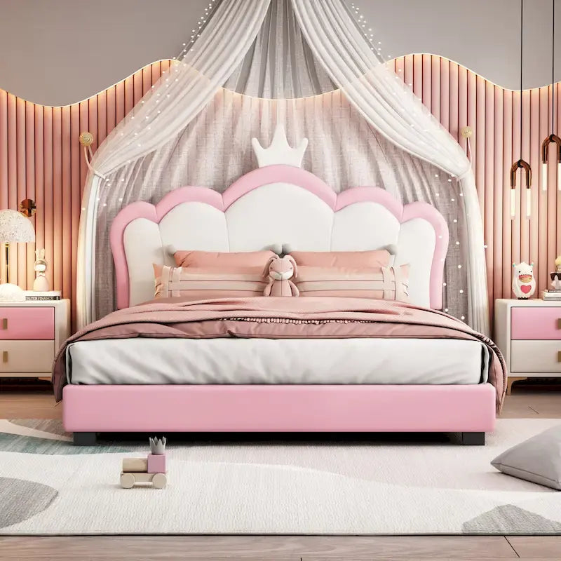 Letto a piattaforma con testiera a corona rosa, 1 persona (singolo/matrimoniale)