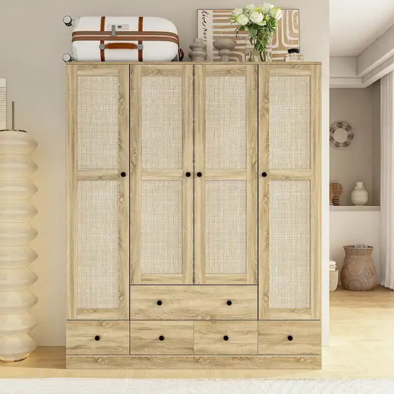 Armadio grande per camera da letto con asta appendiabiti e cassetti, bianco/marrone/legno, montaggio da 2 persone