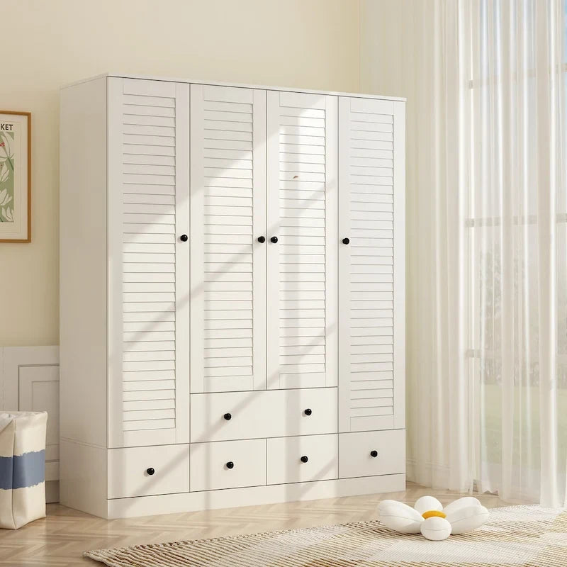Armadio grande per camera da letto con asta appendiabiti e cassetti, bianco/marrone/legno, montaggio da 2 persone
