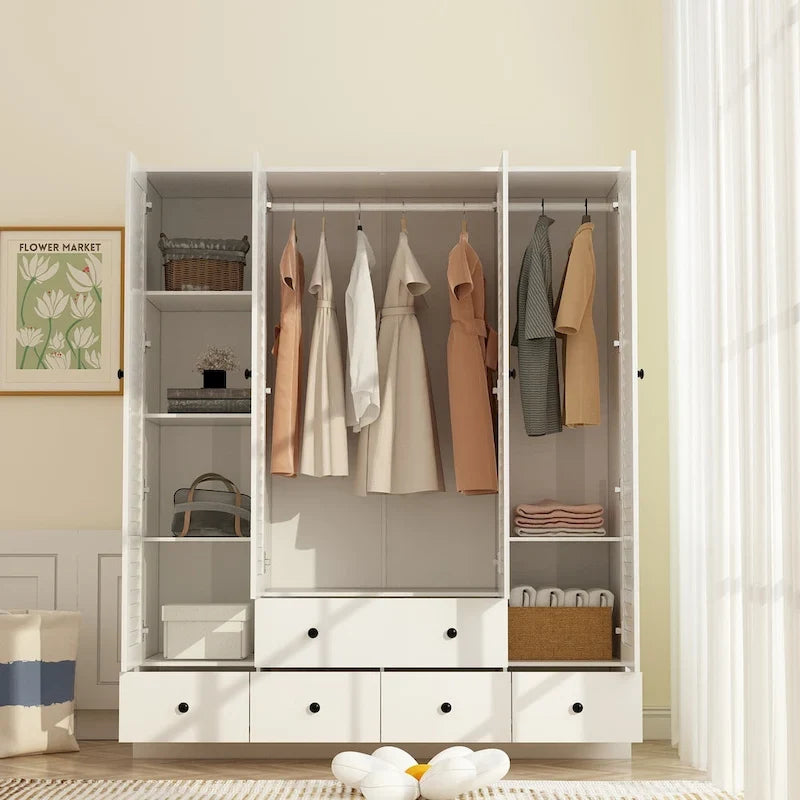 Armadio grande per camera da letto con asta appendiabiti e cassetti, bianco/marrone/legno, montaggio da 2 persone
