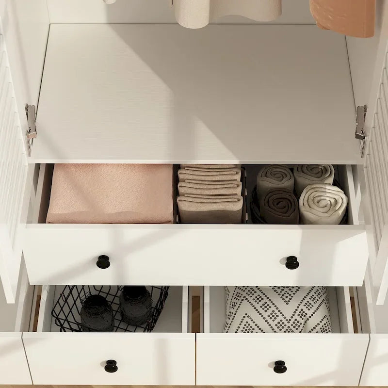 Armadio grande per camera da letto con asta appendiabiti e cassetti, bianco/marrone/legno, montaggio da 2 persone