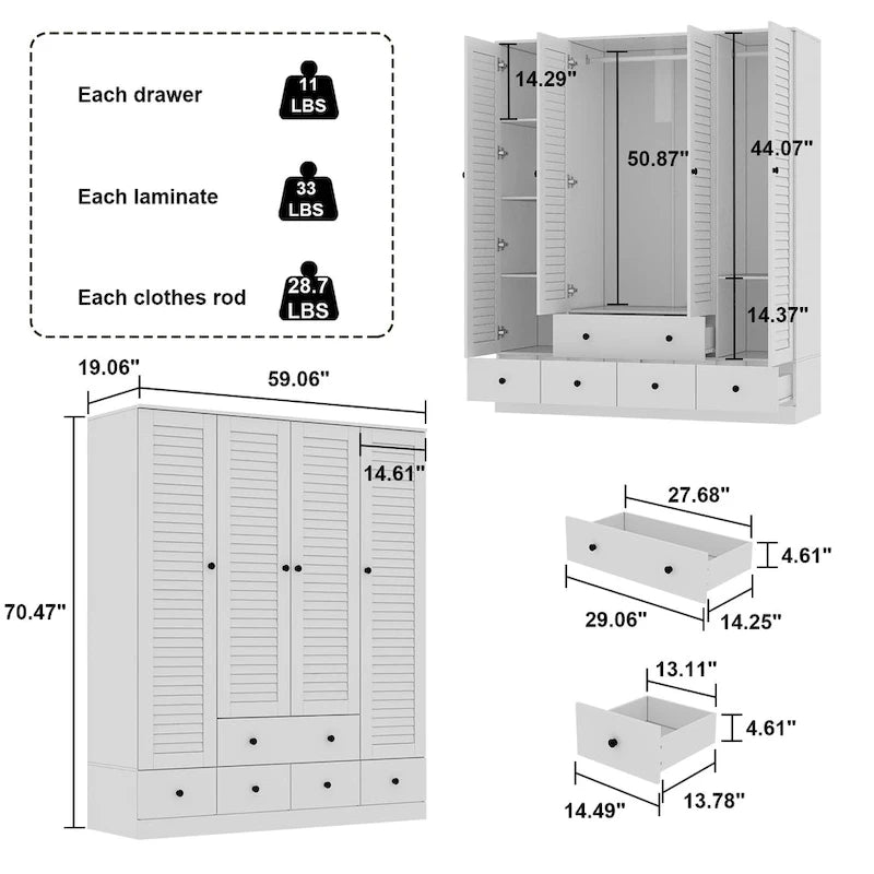Armadio grande per camera da letto con asta appendiabiti e cassetti, bianco/marrone/legno, montaggio da 2 persone