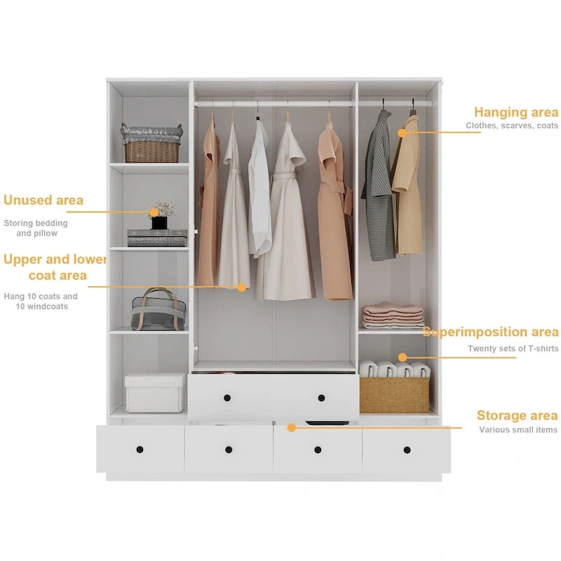 Armadio grande per camera da letto con asta appendiabiti e cassetti, bianco/marrone/legno, montaggio da 2 persone