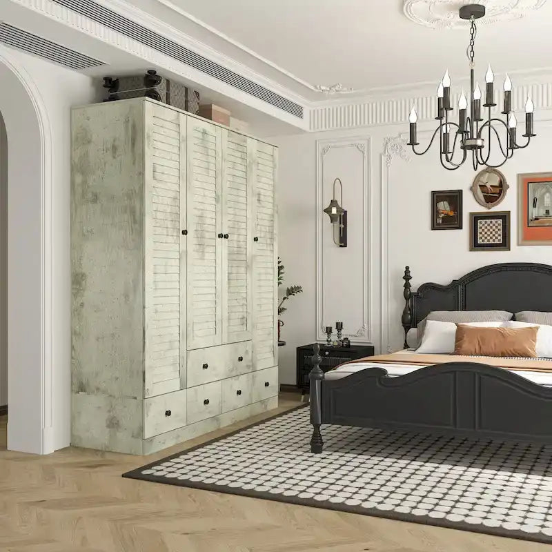 Armadio grande per camera da letto con asta appendiabiti e cassetti, bianco/marrone/legno, montaggio da 2 persone