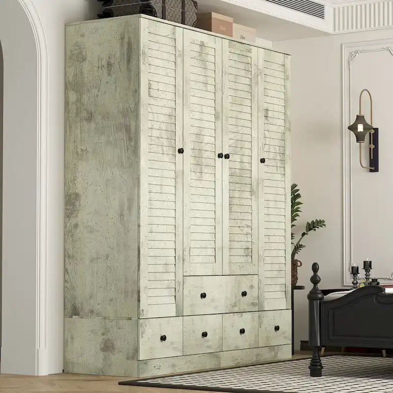 Armadio grande per camera da letto con asta appendiabiti e cassetti, bianco/marrone/legno, montaggio da 2 persone