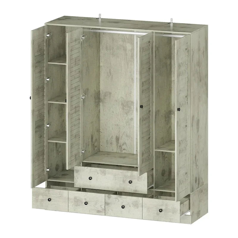 Armadio grande per camera da letto con asta appendiabiti e cassetti, bianco/marrone/legno, montaggio da 2 persone