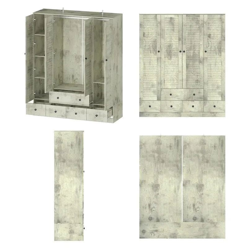 Armadio grande per camera da letto con asta appendiabiti e cassetti, bianco/marrone/legno, montaggio da 2 persone