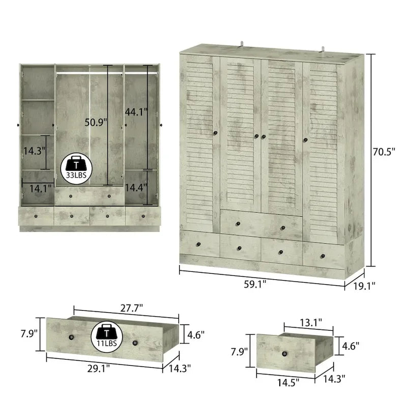 Armadio grande per camera da letto con asta appendiabiti e cassetti, bianco/marrone/legno, montaggio da 2 persone
