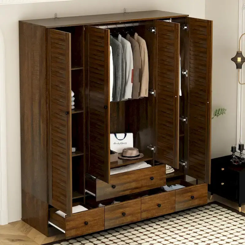 Armadio grande per camera da letto con asta appendiabiti e cassetti, bianco/marrone/legno, montaggio da 2 persone