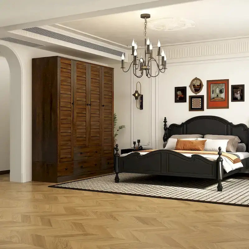Armadio grande per camera da letto con asta appendiabiti e cassetti, bianco/marrone/legno, montaggio da 2 persone