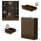 Armadio grande per camera da letto con asta appendiabiti e cassetti, bianco/marrone/legno, montaggio da 2 persone
