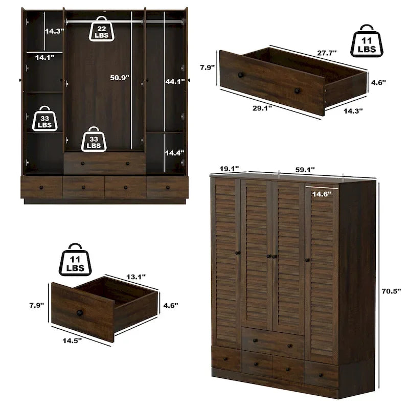 Armadio grande per camera da letto con asta appendiabiti e cassetti, bianco/marrone/legno, montaggio da 2 persone